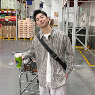 宽松百搭休闲衬衣上衣外套日常2026新款 春秋季 长袖 咖色条纹衬衫