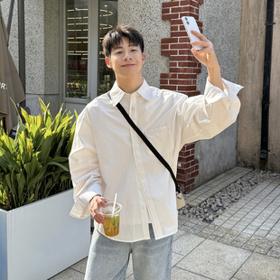 新款 白色纯棉经典 外套男生春季 衬衫 纯色宽松休闲衬衣 百搭翻领长袖