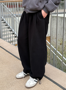 黑色松紧腰加绒卫裤男生2025新款秋季长裤子宽松运动休闲裤纯色