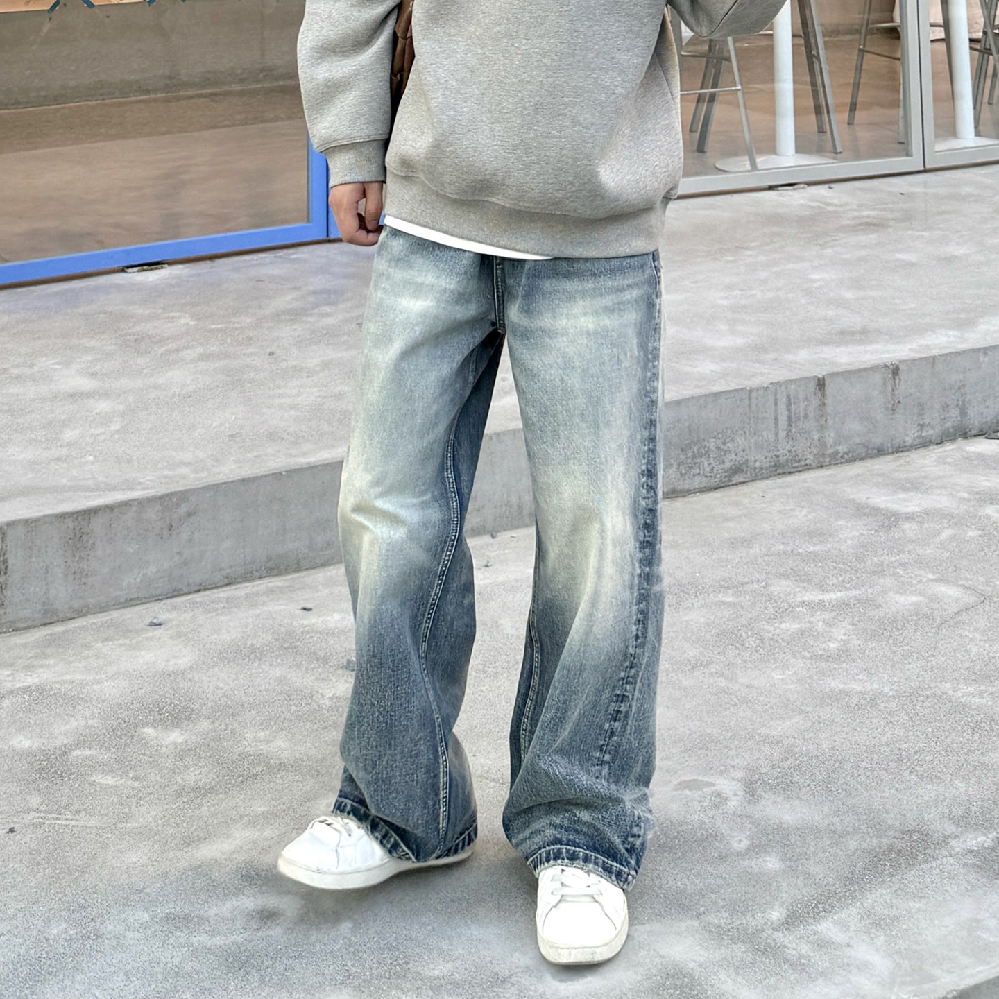 蓝色复古水洗直筒垂感牛仔裤男生2025新款秋季宽松休闲长裤子百搭