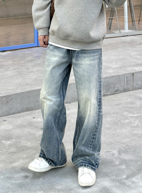 蓝色复古水洗直筒垂感牛仔裤男生2025新款秋季宽松休闲长裤子百搭