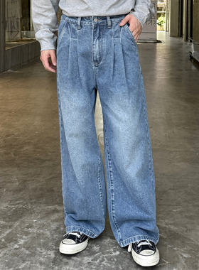 蓝色直筒打褶牛仔裤男生款2025新款秋季长裤子宽松休闲百搭潮流