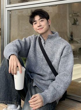 灰色半高领开衫羊毛内搭毛衣男加厚外套春秋男生2026新款高级感
