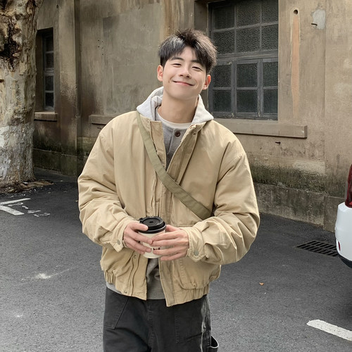 美式连帽假两件短款工装夹克棉服男2025新款冬季加厚保暖棉衣外套