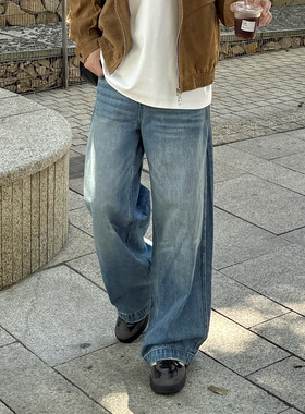 蓝色直筒水洗牛仔裤男生2025新款秋季裤子百搭潮流宽松休闲长裤