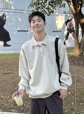 420g白花灰翻领卫衣男生2026新款秋季宽松百搭POLO衫套头简约长袖