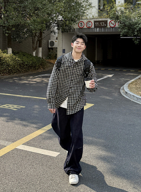 黑色纯棉格纹连帽长袖衬衫男生春季新款宽松休闲百搭衬衣开衫外套