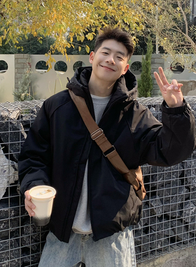 黑色连帽轻薄鹅绒羽绒服男冬季户外保暖羽绒冲锋衣外套男生高级感