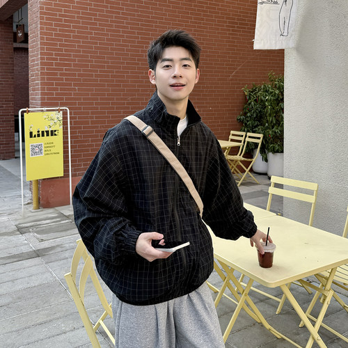 黑色立领双面穿格子夹克男2026秋季新款美式复古宽松撞色上衣外套