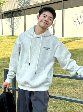 420g重磅字母印花白灰色连帽卫衣男生2026新款秋季宽松上衣外套