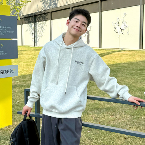 420g重磅字母印花白灰色连帽卫衣男生2026新款秋季宽松上衣外套