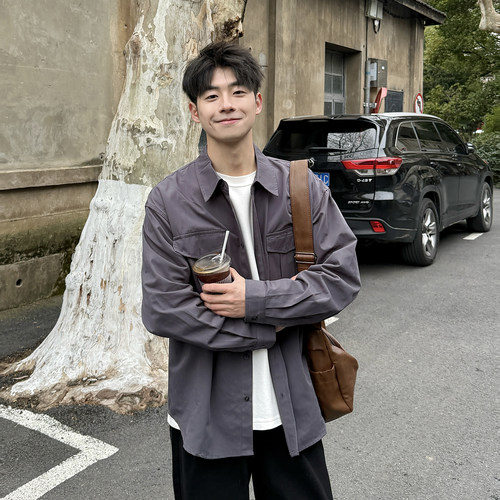 暗物质纯棉复古翻领长袖衬衫男生秋季新款灰色休闲工装风衬衣外套