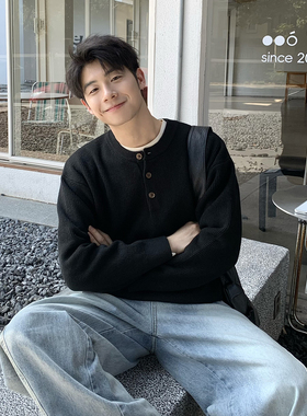 黑色亨利领毛衣男款秋冬季宽松保暖针织衫内搭上衣高级感2025新款