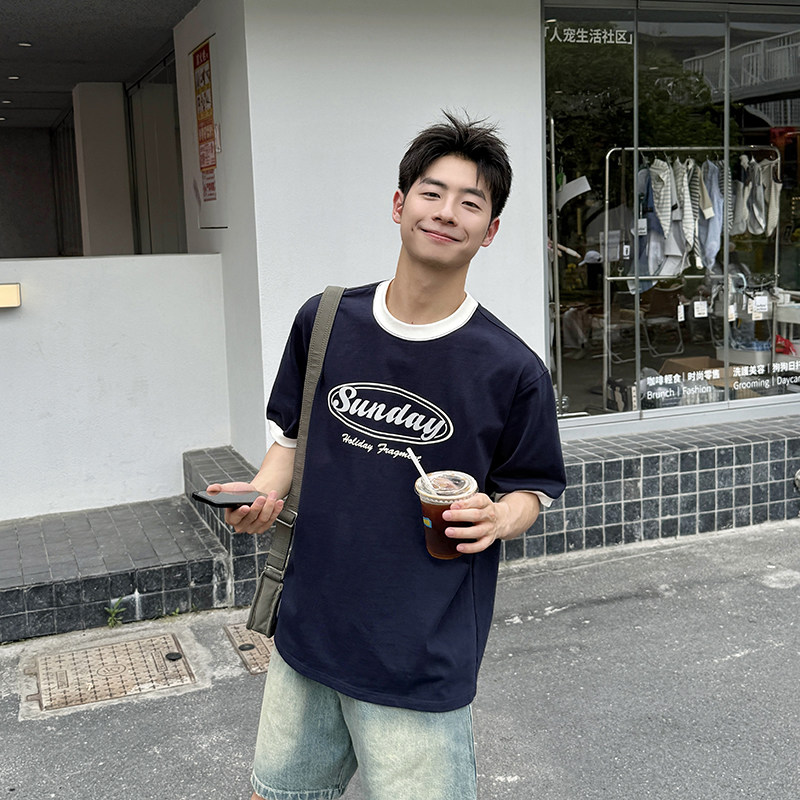 250g藏青撞色索罗娜圆领印花短袖T恤男2025新款夏季百搭宽松休闲