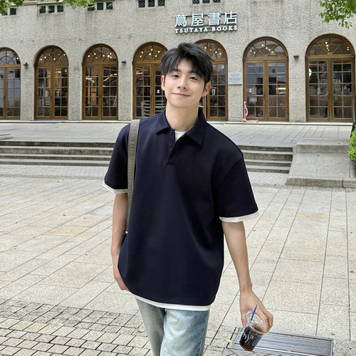 【假两件层次感】250g藏青色polo领短袖T恤夏季翻领复古休闲半袖