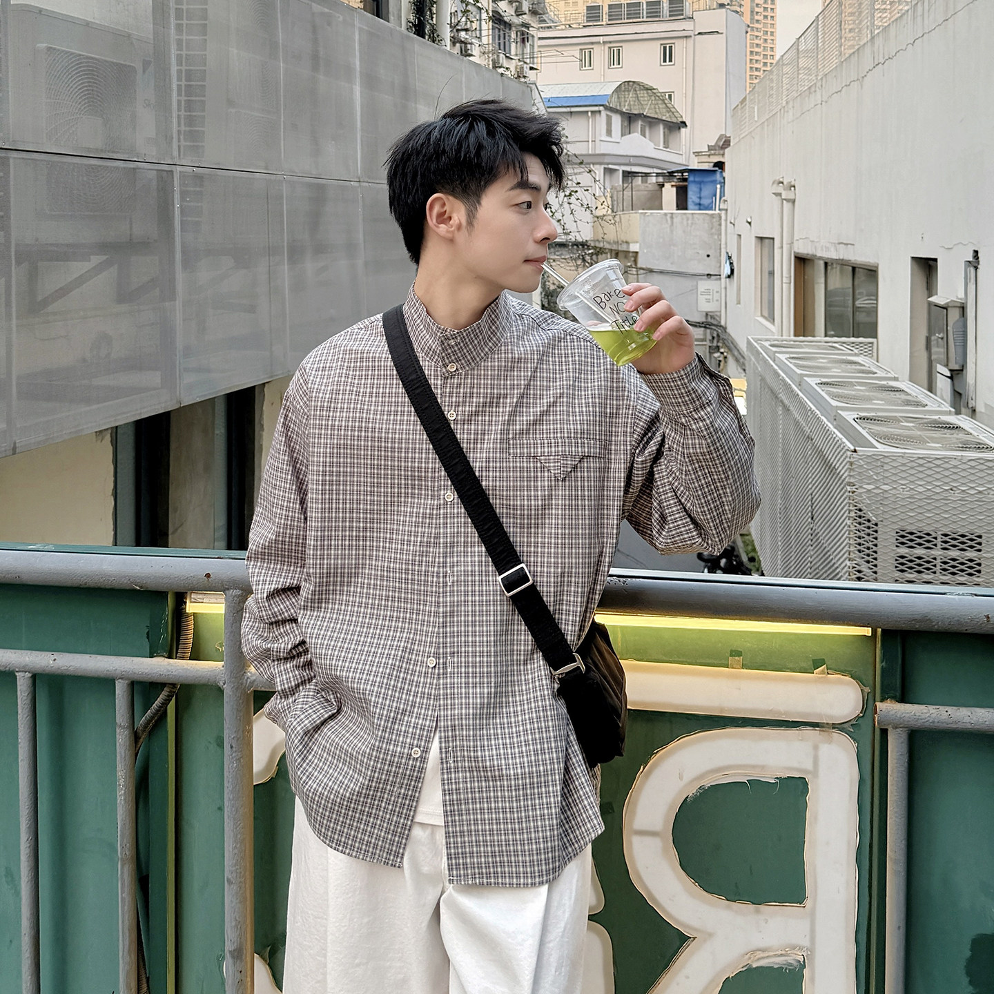 春季新款复古立领格纹长袖衬衫男生宽松日系纯棉千鸟格子休闲衬衣,男装,衬衫,淘宝优惠券,粉丝福利购,淘宝优惠卷