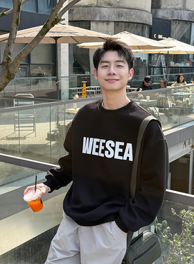 字母印花黑色卫衣男生2025新款春秋款百搭简约宽松休闲套头上衣