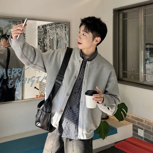 420g重磅花灰色华夫格长袖开衫卫衣男春季宽松休闲上衣外套男款