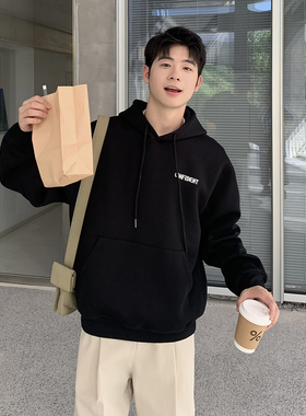 420g重磅黑色字母刺绣纯棉连帽卫衣男生2025新款秋季休闲宽松外套