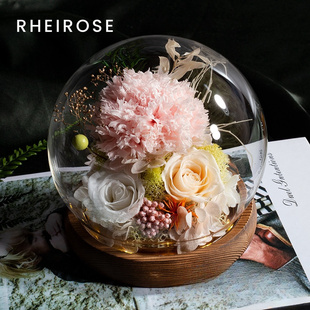 H066永生花康乃馨玫瑰真花玻璃罩摆件生日花束成品送妈妈礼物礼盒