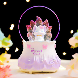 少女心九尾狐水晶球音乐盒旋转发光飘雪八音盒摆件十岁女孩生日礼