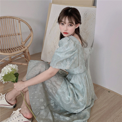 Real shot summer French front and back V-neck open back show thin bubble sleeve Short Sleeve Chiffon Jacquard Dress