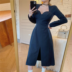 Real photo retro V-neck sexy long skirt bra temperament fashion waist versatile cold wind dress woman