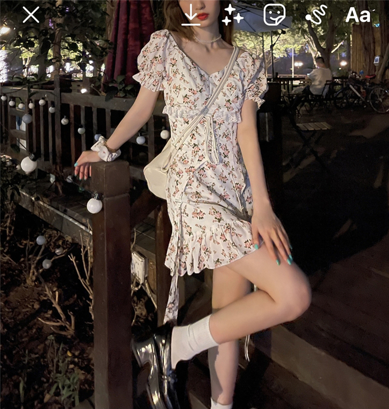 Real shot Korean V-neck Ruffle waist slim Lace Floral Chiffon drawstring dress