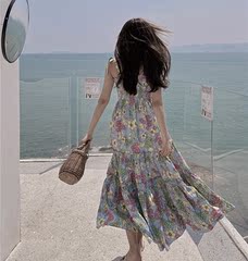 Real photos of summer women with floral Beach Resort suspender dress