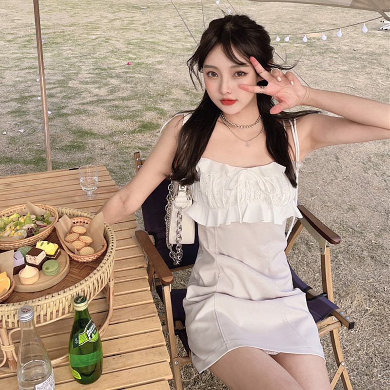 Real picture of A-line skirt with ruffles, hollow out embroidery, bow tie, LACE SLING DRESS, hip skirt