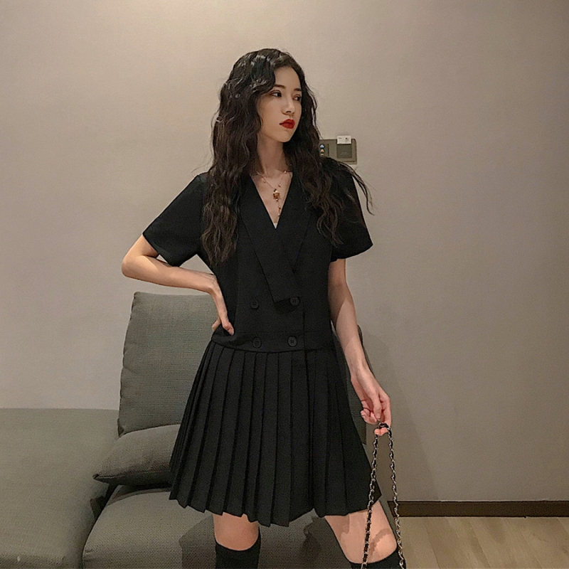 V-neck simple temperament short sleeve suit dress loose and thin pleated skirt children's summer