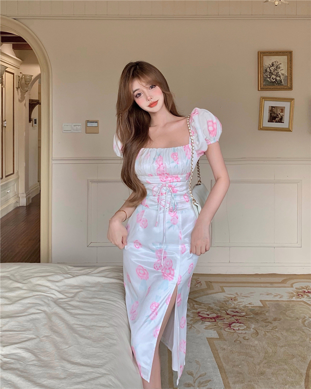 Real shot French foam sleeve waist close show thin split flower dress waist long skirt