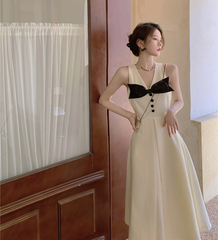 Real shot sexy thin V-neck bow dress sleeveless long skirt swing skirt women's summer