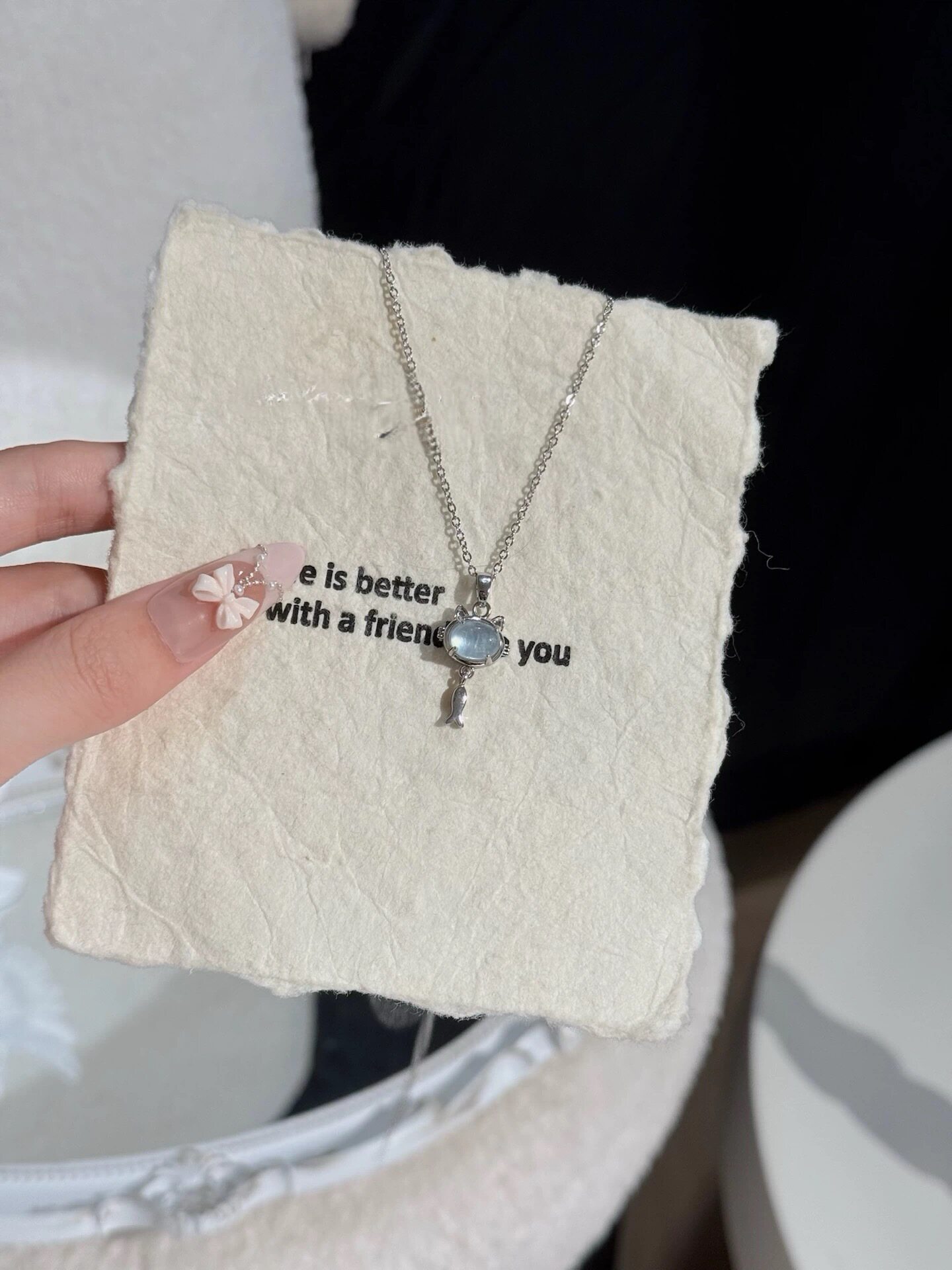 天然海蓝宝925银项链猫咪小鱼可爱饰品潮流国风女项链简约七夕