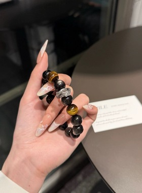 天然黑曜石手链女水晶银曜石合金盘龙小众设计复古礼物手串希洛阁