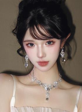 超闪公主水滴锆石项链耳环套装女轻奢小众高级感夸张新娘礼服配饰
