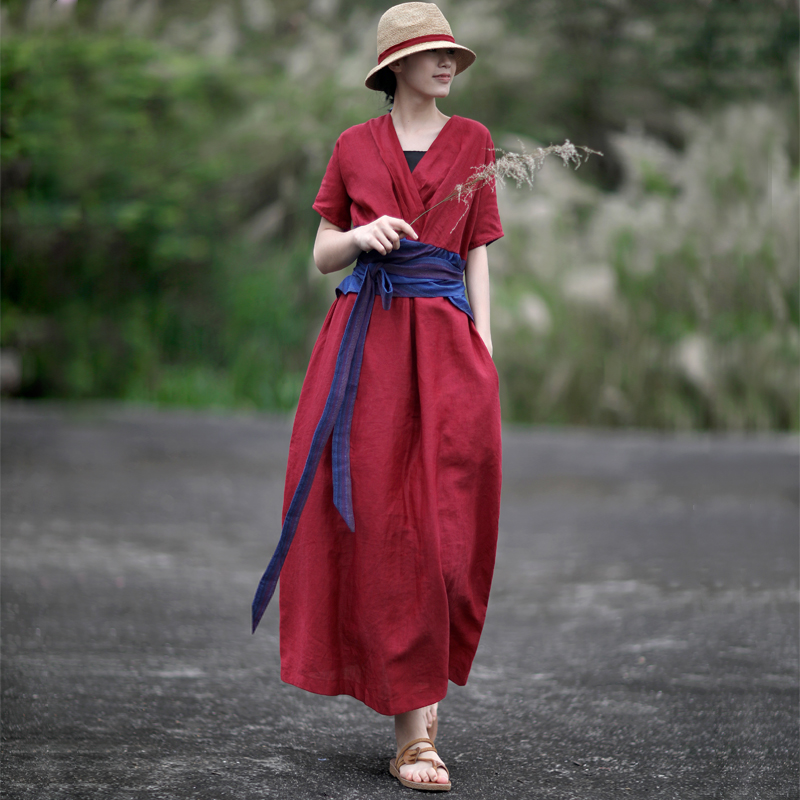 赫轩原著原创夏棉麻深V舒适大摆长裙连衣裙亚麻女装气质收腰显瘦