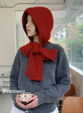 sunsway秋冬氛围感韩国ins手工缝线围脖女护耳保暖帽巴拉克法帽