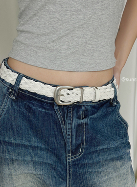 SUNSWAY编织免打孔皮糠纸皮带度假风小众简约通勤百搭配饰腰带