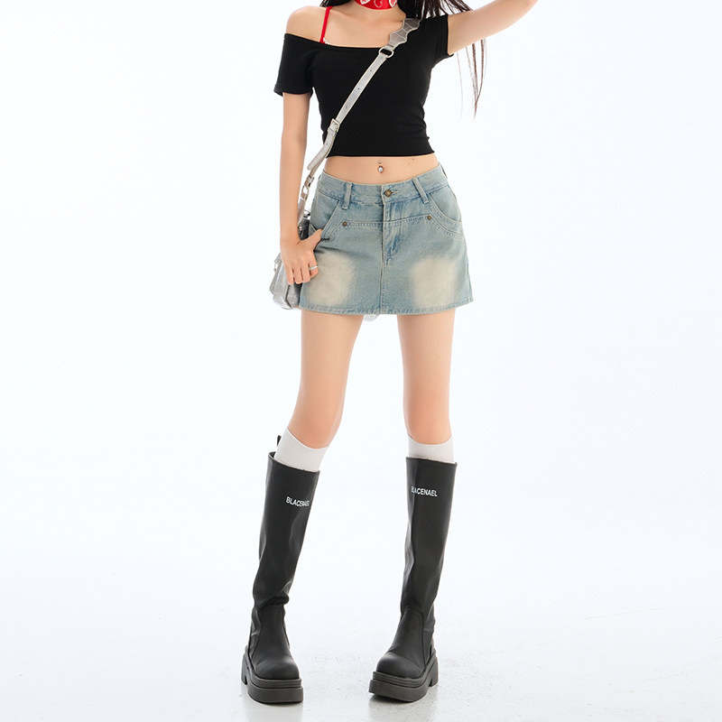 浅色高腰显瘦牛仔短裙女春夏小个子辣妹包臀半身裙防走光a字裙裤