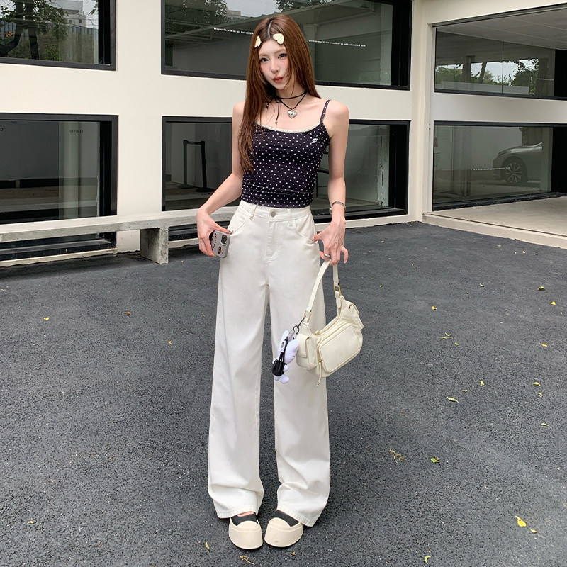 白色美式简约高级感直筒牛仔裤女2026新款夏季宽松显瘦拖地阔腿裤