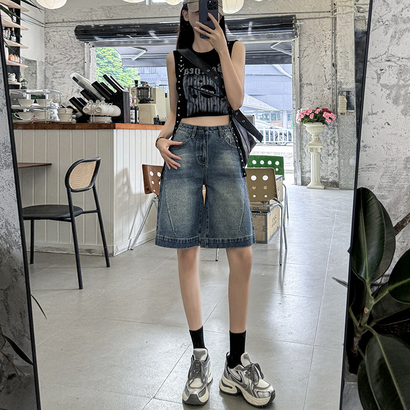 美式复古蓝牛仔五分裤女显瘦