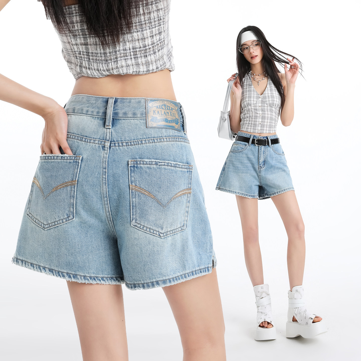夏季新款高腰阔腿绣花显瘦热裤女
