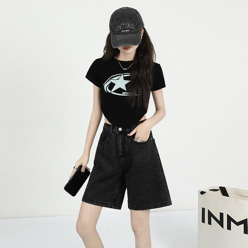 深蓝五分高腰显瘦牛仔中裤女夏