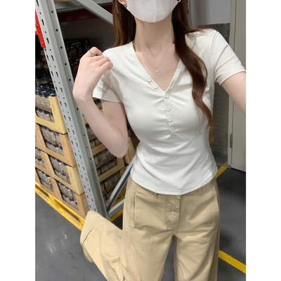 夏季韩系V领纽扣修身短袖T恤女