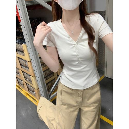 夏季韩系V领纽扣修身短袖T恤女
