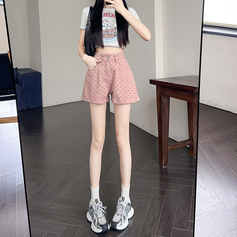 卷边高腰波点阔腿显瘦牛仔短裤
