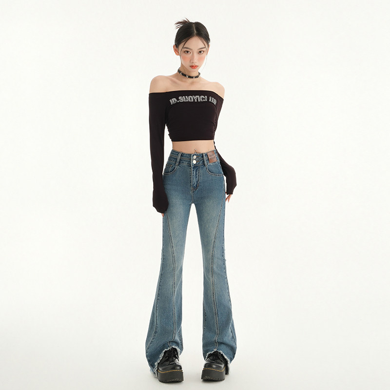 早春美式高腰破骨微喇牛仔裤女