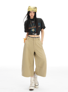 卡其色美式复古牛仔七分裤女2026新款夏季解构设计宽松阔腿直筒裤