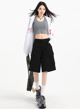美式复古设计感牛仔五分裤女2026新款夏季黑色辣妹宽松显瘦直筒裤